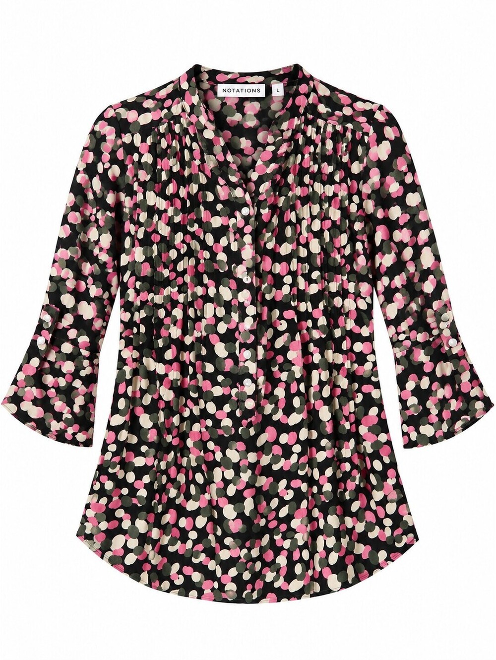 Notations Womens Tunic Blouse L Black Pink Abstract Print Pintuck 3/4 Sleeve